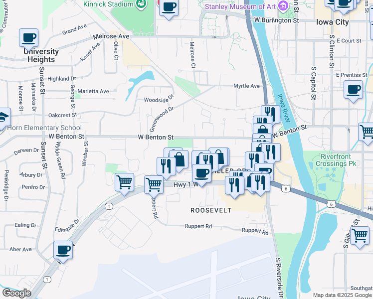 map of restaurants, bars, coffee shops, grocery stores, and more near 940 Miller Avenue in Iowa City