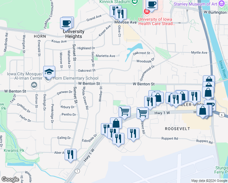 map of restaurants, bars, coffee shops, grocery stores, and more near 926 Harlocke Street in Iowa City
