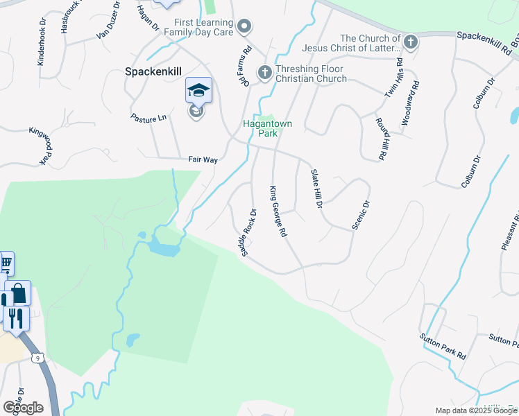 map of restaurants, bars, coffee shops, grocery stores, and more near 17 Saddle Rock Drive in Poughkeepsie