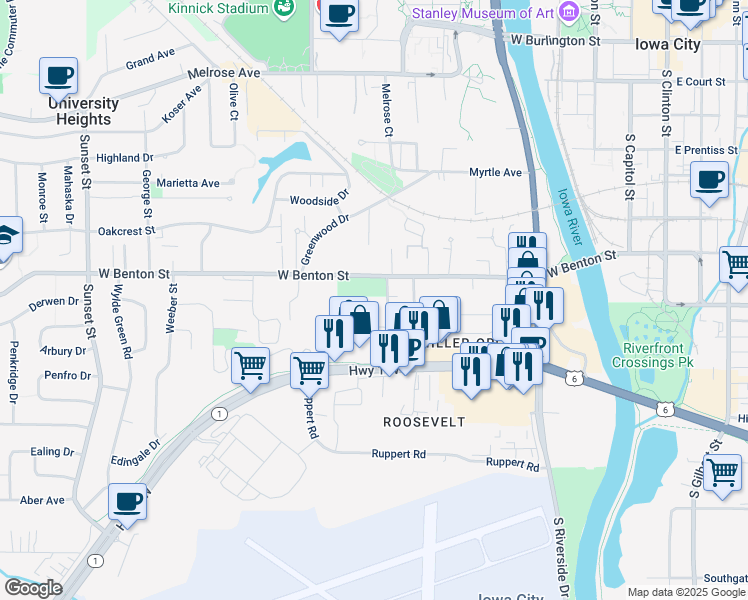 map of restaurants, bars, coffee shops, grocery stores, and more near 182 Prairie Hill Lane in Iowa City