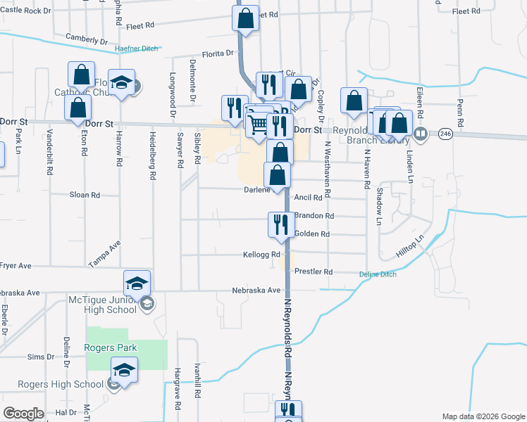 map of restaurants, bars, coffee shops, grocery stores, and more near 915 North Reynolds Road in Toledo