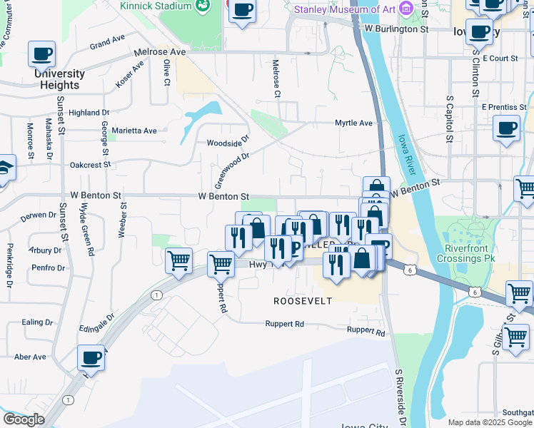 map of restaurants, bars, coffee shops, grocery stores, and more near 182 Prairie Hill Lane in Iowa City