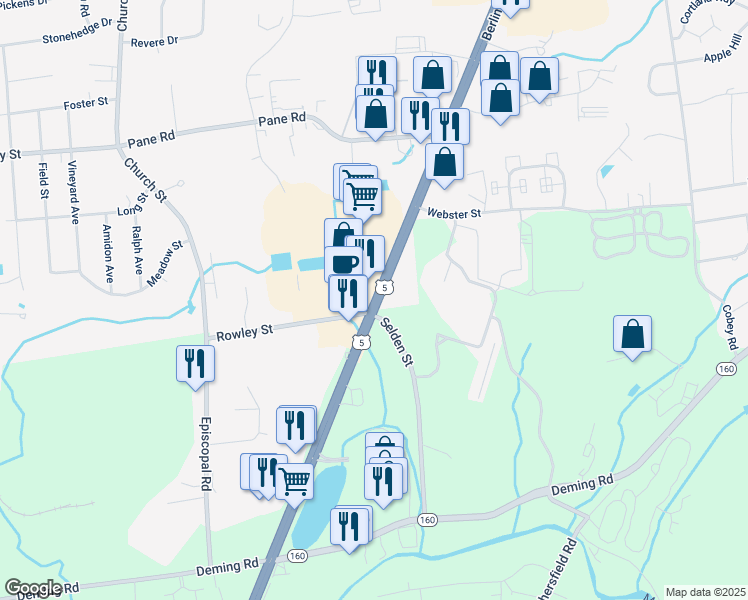 map of restaurants, bars, coffee shops, grocery stores, and more near 3573 Berlin Turnpike in Newington