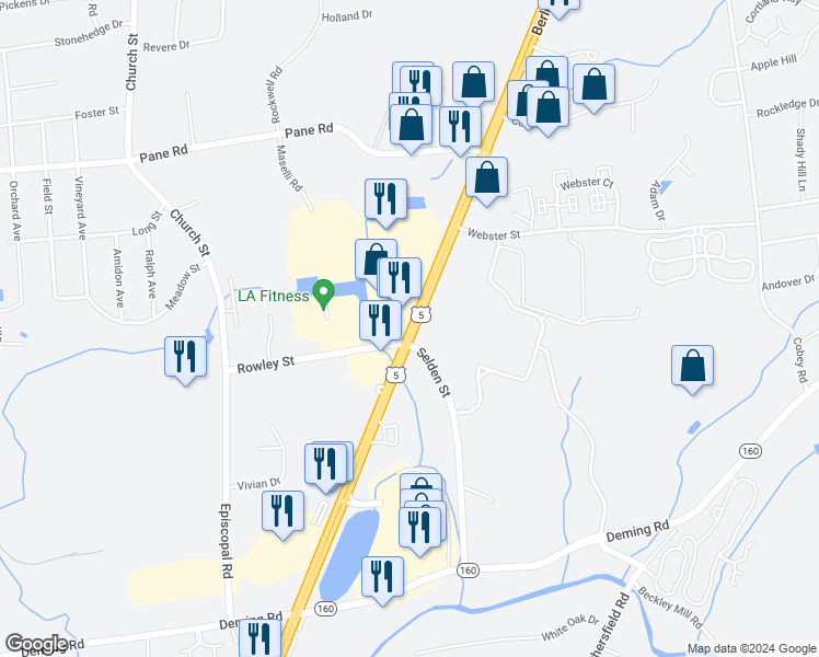 map of restaurants, bars, coffee shops, grocery stores, and more near 3573 Berlin Turnpike in Newington