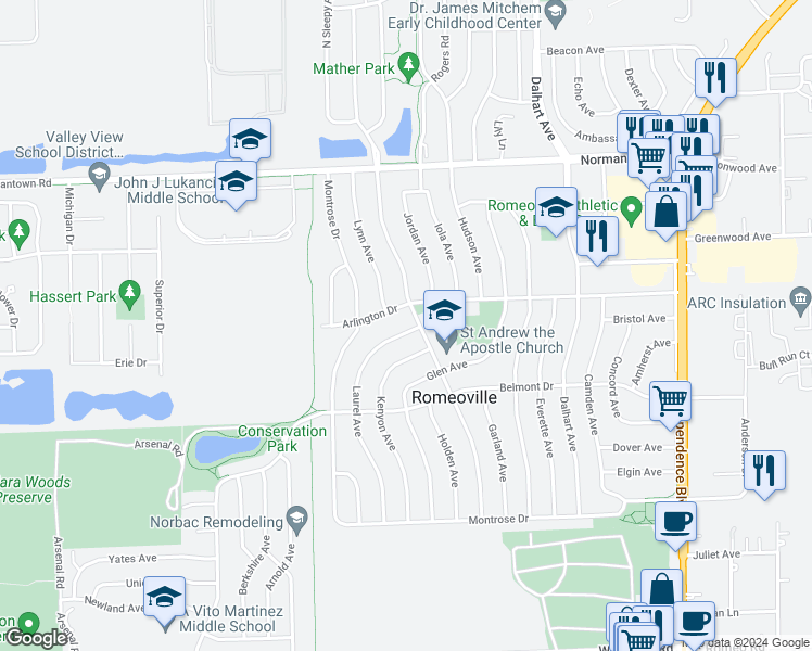 map of restaurants, bars, coffee shops, grocery stores, and more near 536 Laurel Avenue in Romeoville