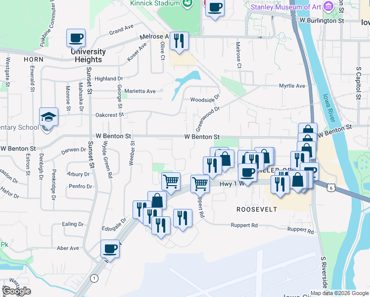map of restaurants, bars, coffee shops, grocery stores, and more near 810 Benton Drive in Iowa City