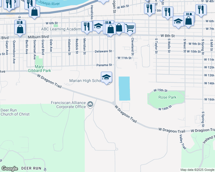 map of restaurants, bars, coffee shops, grocery stores, and more near 1311 South Logan Street in Mishawaka