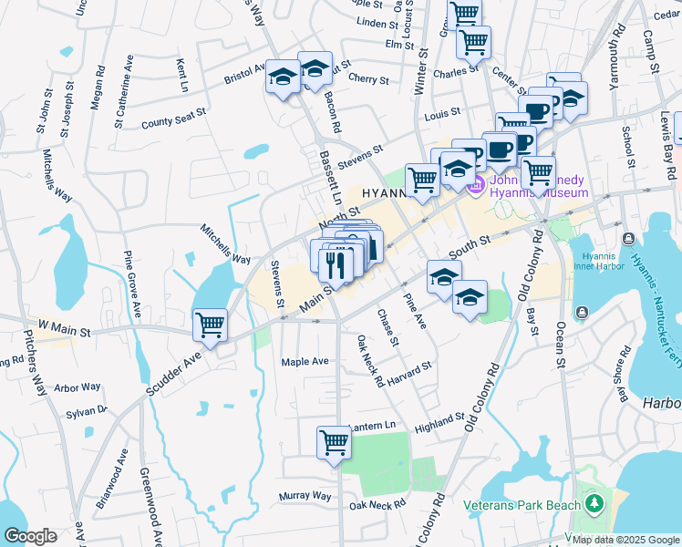 map of restaurants, bars, coffee shops, grocery stores, and more near 600 Main Street in Barnstable