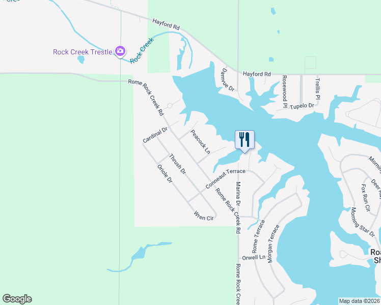map of restaurants, bars, coffee shops, grocery stores, and more near 513 Rome Rock Creek Road in Roaming Shores