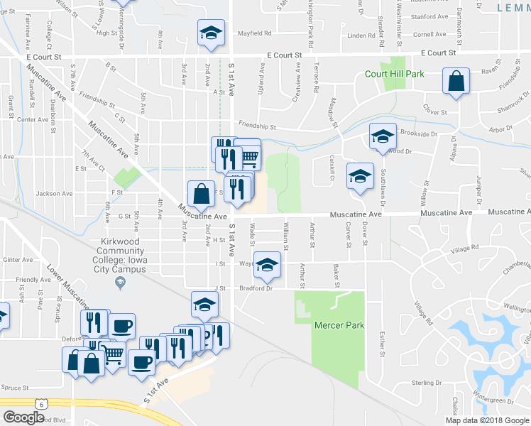 map of restaurants, bars, coffee shops, grocery stores, and more near 2430 Muscatine Avenue in Iowa City