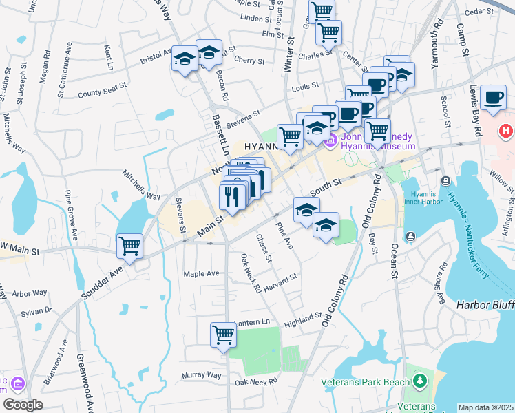 map of restaurants, bars, coffee shops, grocery stores, and more near 396 South Street in Barnstable