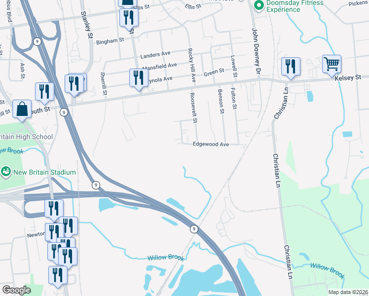 map of restaurants, bars, coffee shops, grocery stores, and more near 37 Edgewood Avenue in New Britain