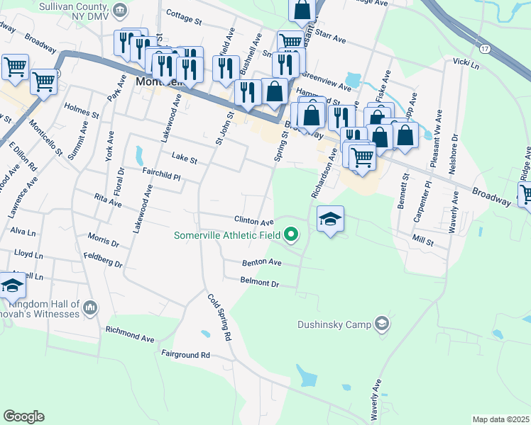 map of restaurants, bars, coffee shops, grocery stores, and more near 71 Spring Street in Monticello