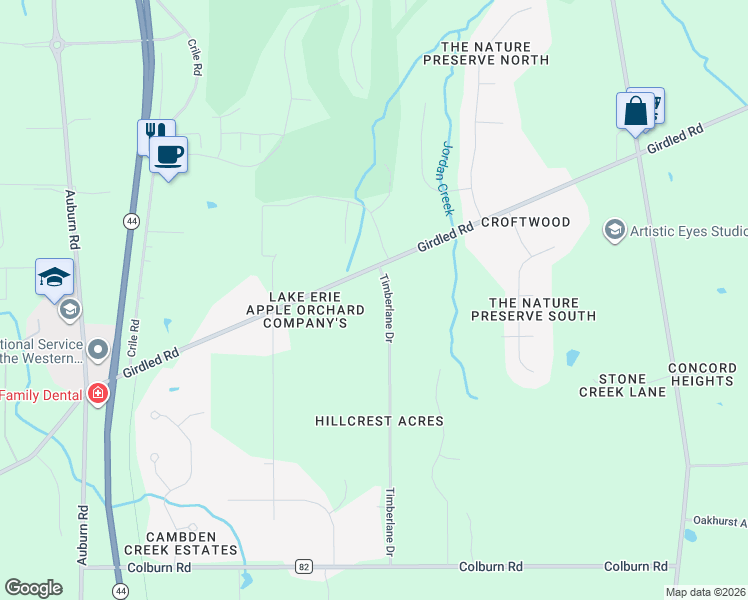 map of restaurants, bars, coffee shops, grocery stores, and more near 11374 County Highway 202 in Painesville
