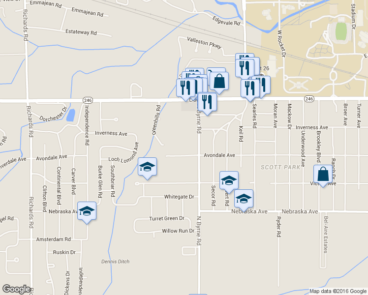 map of restaurants, bars, coffee shops, grocery stores, and more near 1001 North Byrne Road in Toledo