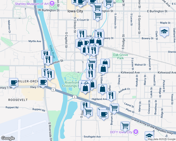 map of restaurants, bars, coffee shops, grocery stores, and more near 227 Kirkwood Avenue in Iowa City