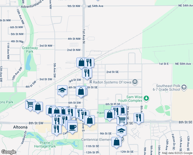 map of restaurants, bars, coffee shops, grocery stores, and more near 300 3rd Street Southwest in Altoona