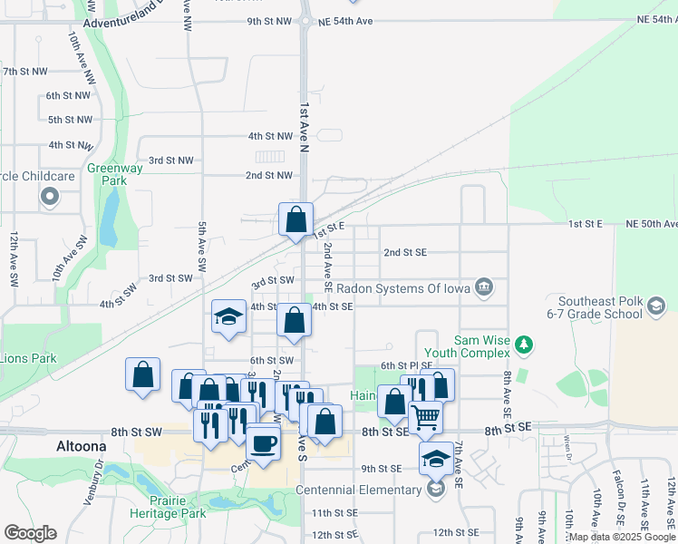 map of restaurants, bars, coffee shops, grocery stores, and more near 303 2nd Avenue Southeast in Altoona