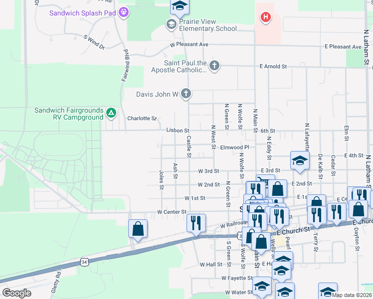 map of restaurants, bars, coffee shops, grocery stores, and more near 320 Castle Street in Sandwich