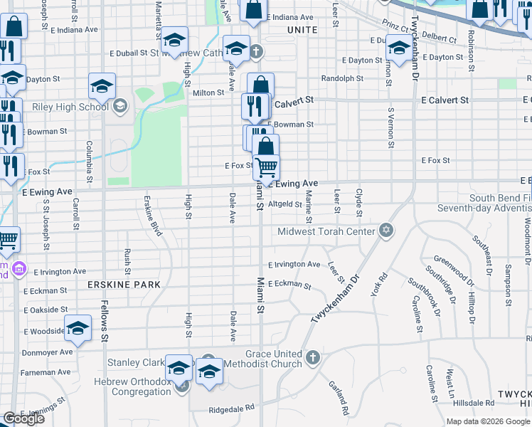 map of restaurants, bars, coffee shops, grocery stores, and more near 2501 Miami Street in South Bend