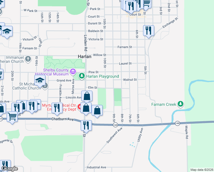 map of restaurants, bars, coffee shops, grocery stores, and more near 909 Elm Street in Harlan