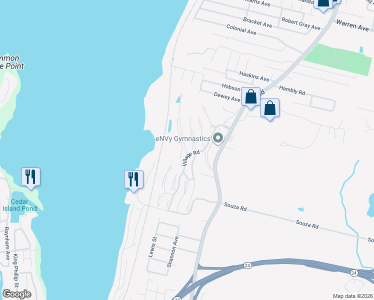 map of restaurants, bars, coffee shops, grocery stores, and more near 45 Starboard Drive in Tiverton