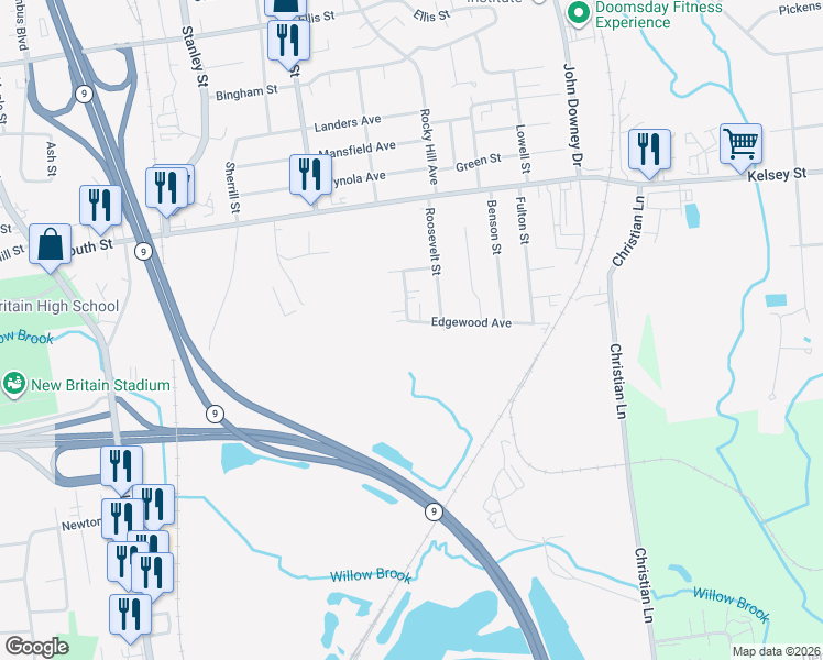 map of restaurants, bars, coffee shops, grocery stores, and more near 37 Edgewood Avenue in New Britain