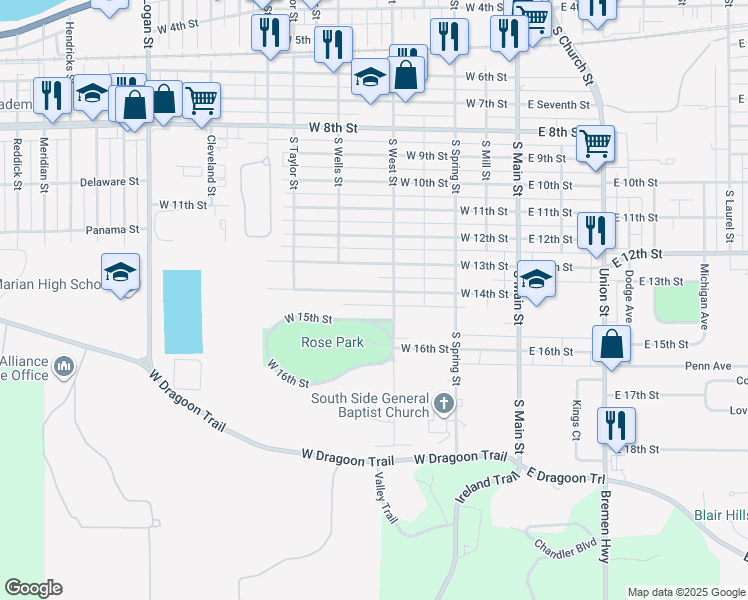 map of restaurants, bars, coffee shops, grocery stores, and more near 516 West 15th Street in Mishawaka