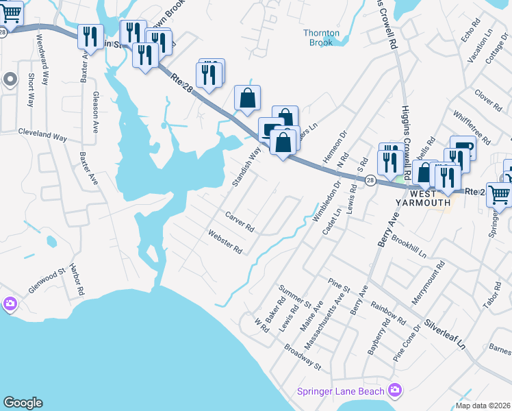 map of restaurants, bars, coffee shops, grocery stores, and more near 51 Bradford Road in Yarmouth