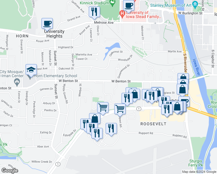 map of restaurants, bars, coffee shops, grocery stores, and more near 721 Carriage Hill in Iowa City