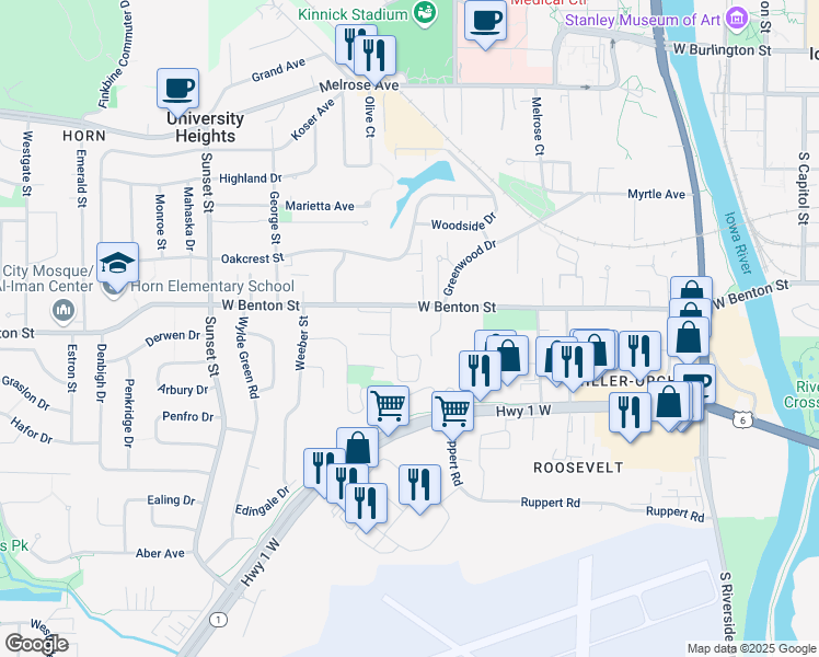 map of restaurants, bars, coffee shops, grocery stores, and more near 808 Benton Drive in Iowa City