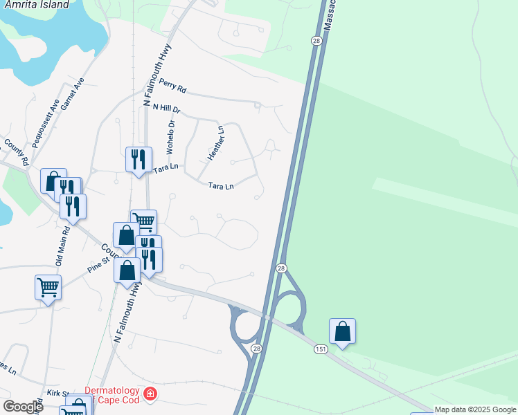 map of restaurants, bars, coffee shops, grocery stores, and more near 75 Frederick B Douglas Road in Falmouth