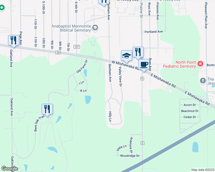 map of restaurants, bars, coffee shops, grocery stores, and more near 325 W Mishawaka Rd in Elkhart