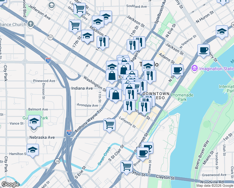 map of restaurants, bars, coffee shops, grocery stores, and more near 1 North Ontario Street in Toledo