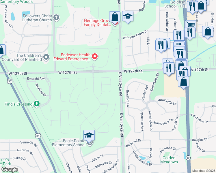 map of restaurants, bars, coffee shops, grocery stores, and more near 24453 West Kroll Drive in Plainfield