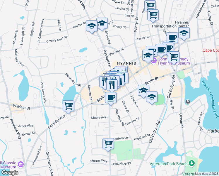 map of restaurants, bars, coffee shops, grocery stores, and more near 600 Main Street in Barnstable