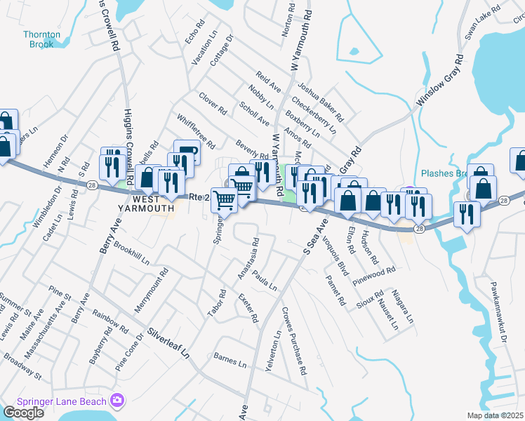 map of restaurants, bars, coffee shops, grocery stores, and more near 537 Massachusetts 28 in Yarmouth