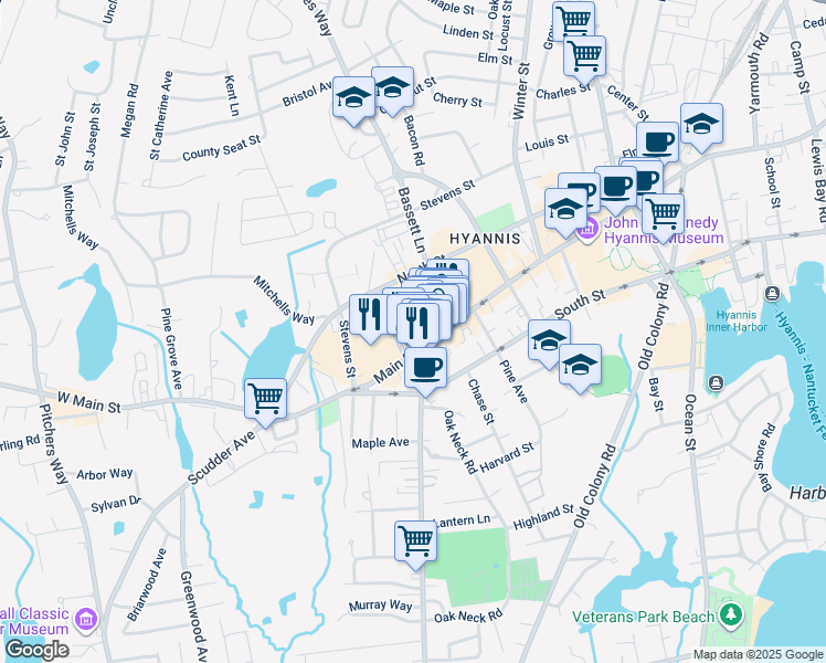 map of restaurants, bars, coffee shops, grocery stores, and more near 54 Sea Street Extension in Barnstable