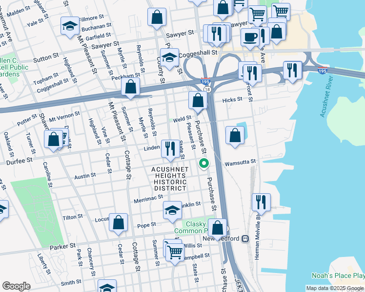 map of restaurants, bars, coffee shops, grocery stores, and more near 220 State Street in New Bedford