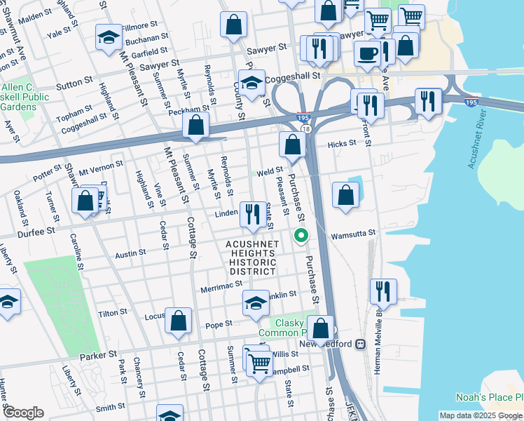 map of restaurants, bars, coffee shops, grocery stores, and more near 220 State Street in New Bedford