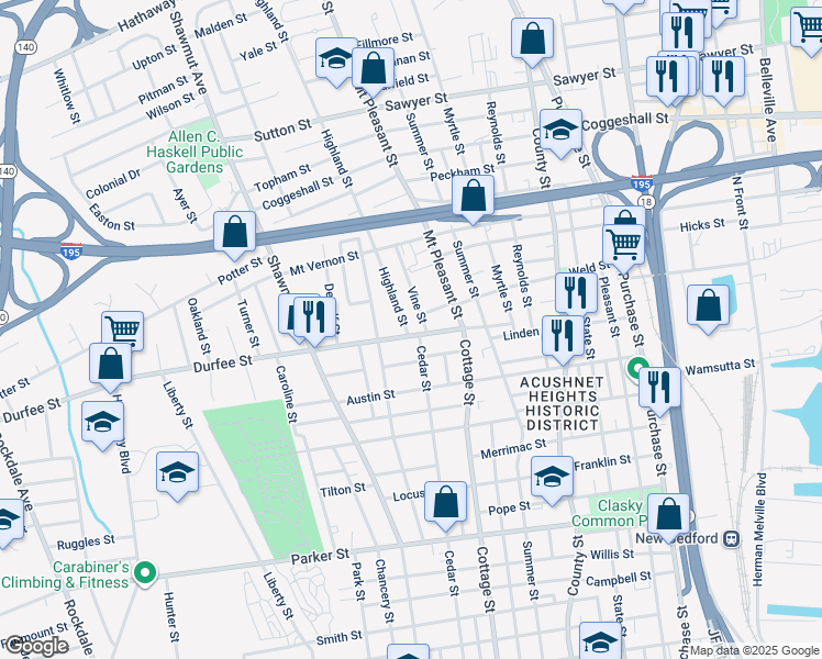 map of restaurants, bars, coffee shops, grocery stores, and more near 28 Highland Street in New Bedford