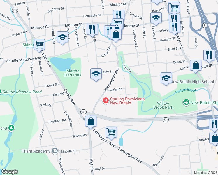 map of restaurants, bars, coffee shops, grocery stores, and more near in New Britain