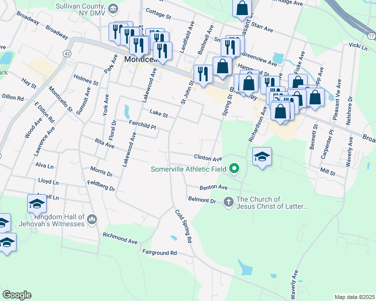 map of restaurants, bars, coffee shops, grocery stores, and more near 63 Saint John Street in Monticello