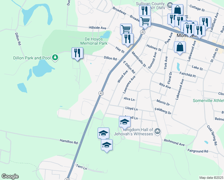 map of restaurants, bars, coffee shops, grocery stores, and more near 113 Forestburgh Road in Monticello
