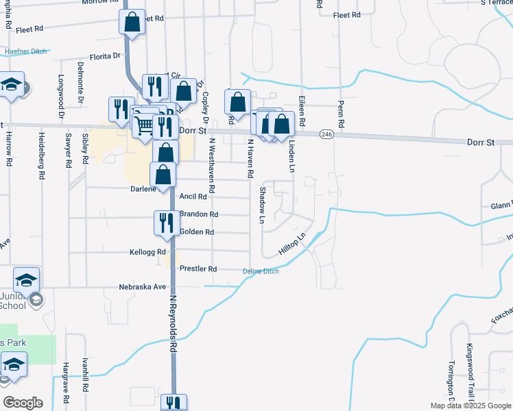 map of restaurants, bars, coffee shops, grocery stores, and more near 1107 Shadow Lane in Toledo
