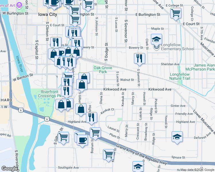 map of restaurants, bars, coffee shops, grocery stores, and more near 715 Walnut Street in Iowa City