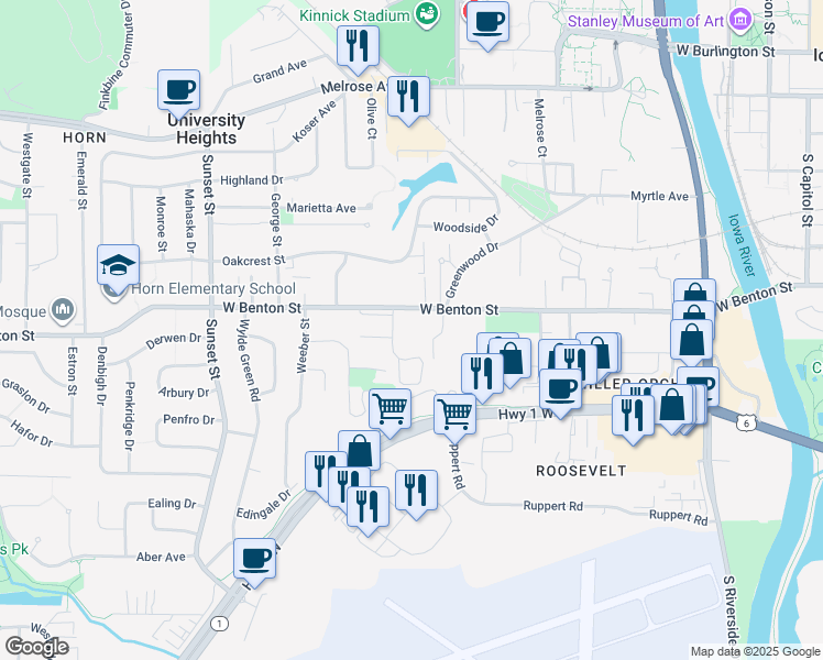map of restaurants, bars, coffee shops, grocery stores, and more near 721 Carriage Hill in Iowa City