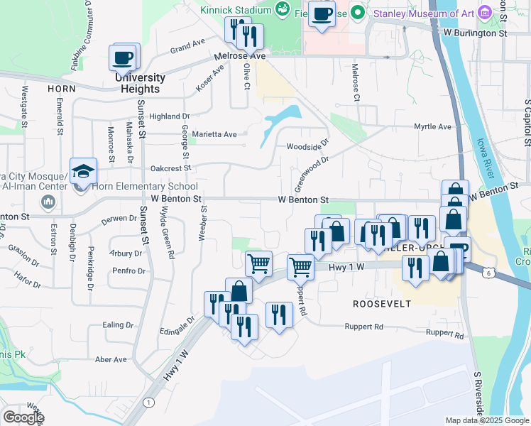map of restaurants, bars, coffee shops, grocery stores, and more near in Iowa City
