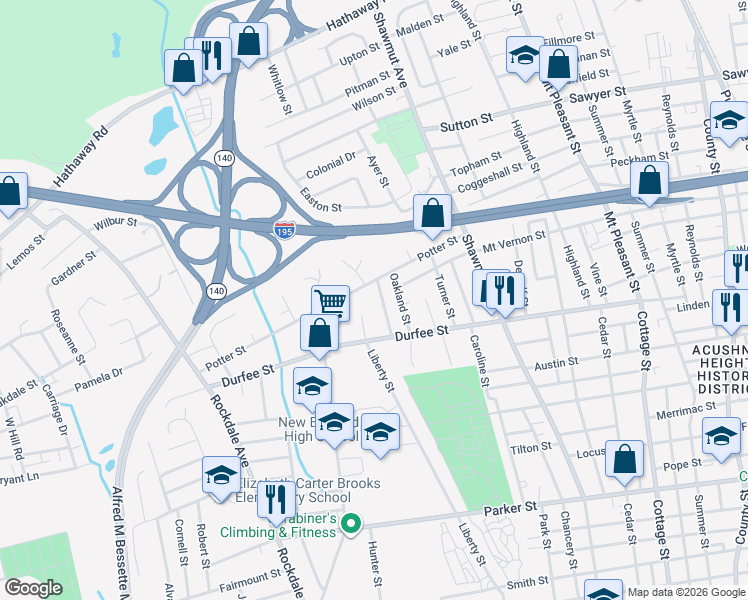 map of restaurants, bars, coffee shops, grocery stores, and more near 211 Potter Street in New Bedford