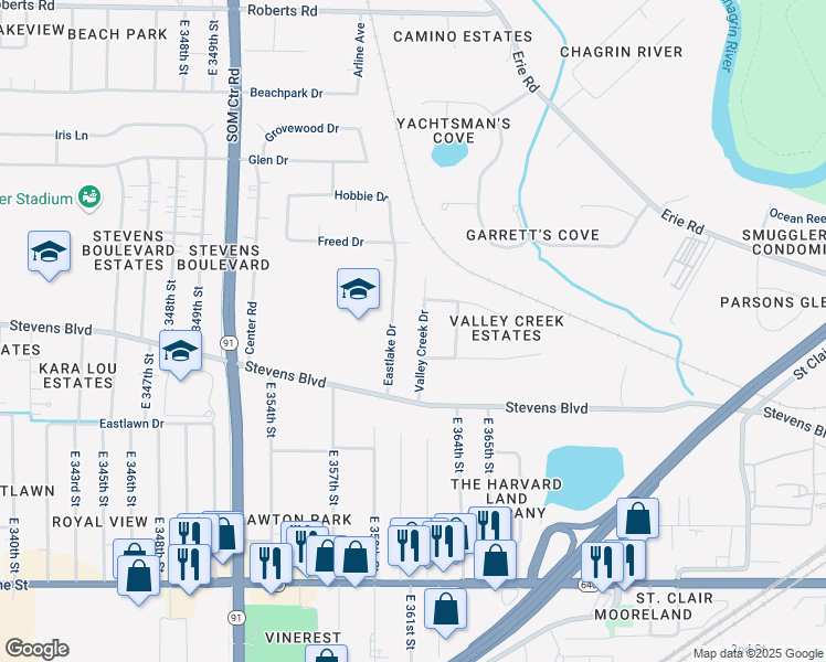 map of restaurants, bars, coffee shops, grocery stores, and more near 1024 Valley Creek Drive in Eastlake
